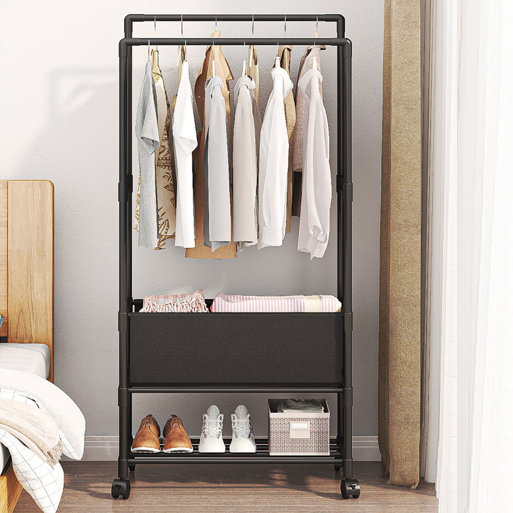 Living and Home Double Rod Metal Clothes Rack with Wheels and Laundry Basket Image 6