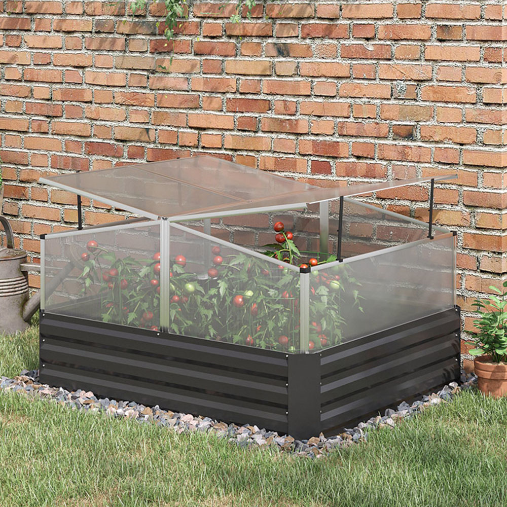 Outsuuny Dark Grey Galvanised Raised Garden Bed with Greenhouse and Cover Image 2