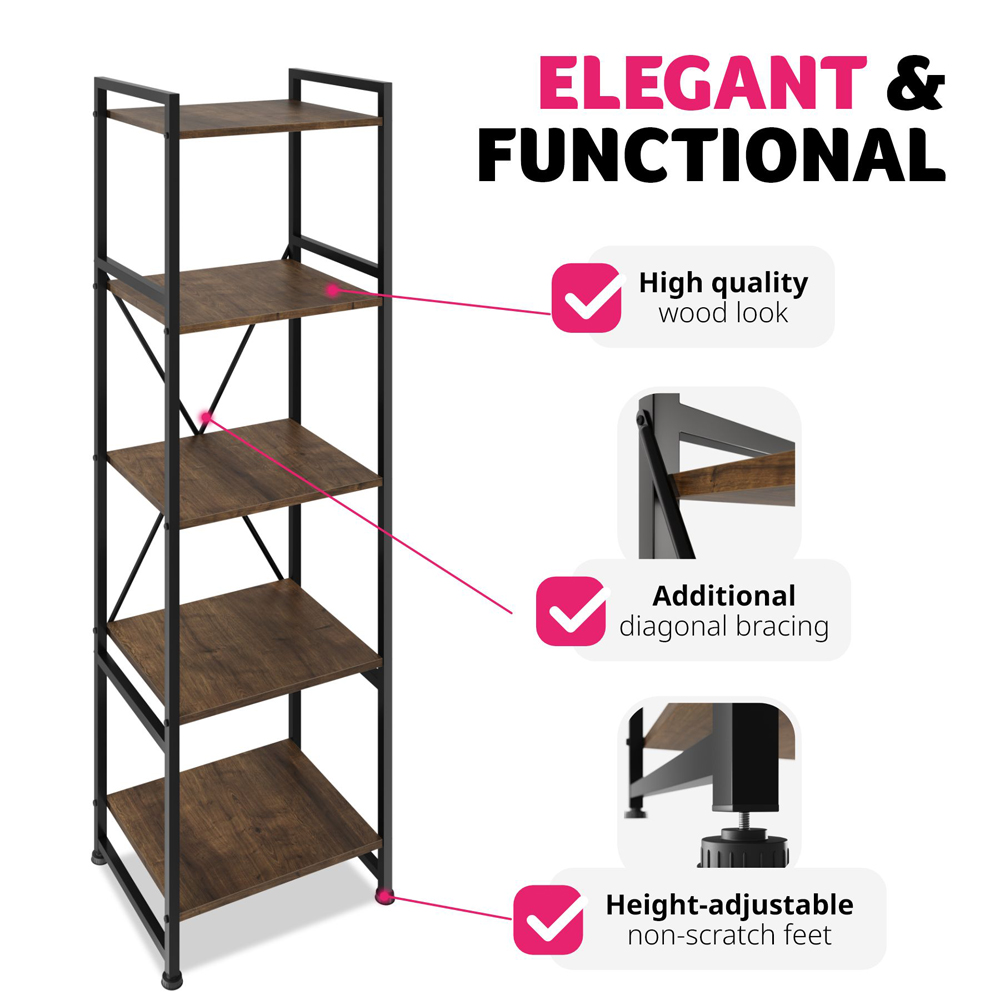 tectake Manchester 5 Shelf Industrial Dark Wood Bookcase Image 3