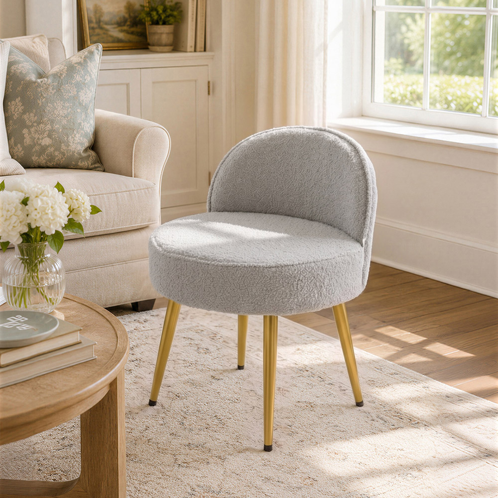 Living and Home Grey and Gold Teddy Fleece Curved Backrest Vanity Stool Image 7