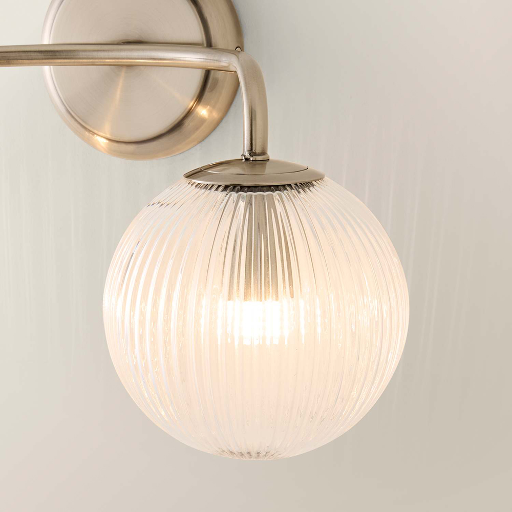 ValueLights Kempton 2 Arm Ribbed Glass Globe Brushed Chrome LED Wall Light with Bulb Image 3