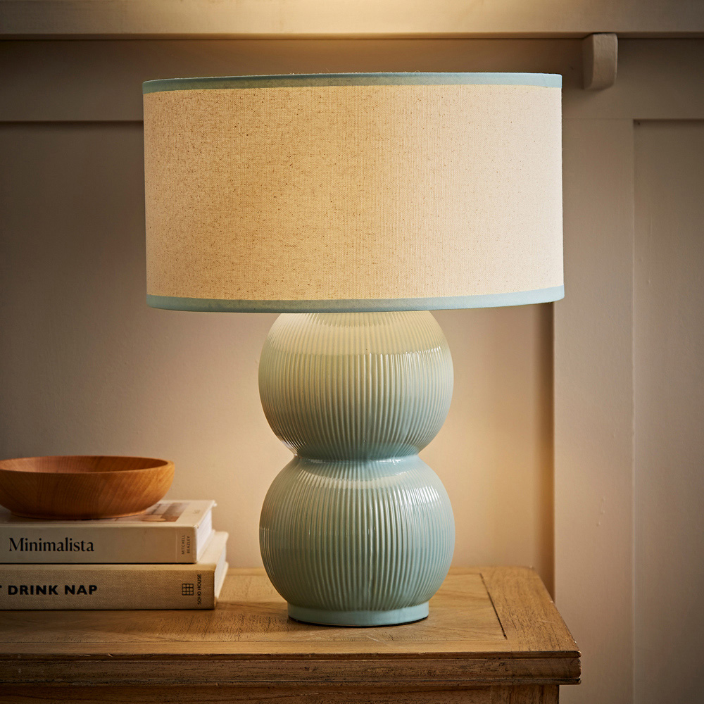 ValueLights Gemma Green Trim Shade Linen with Stacked Ribbed Green Glazed LED Table Lamp Image 2