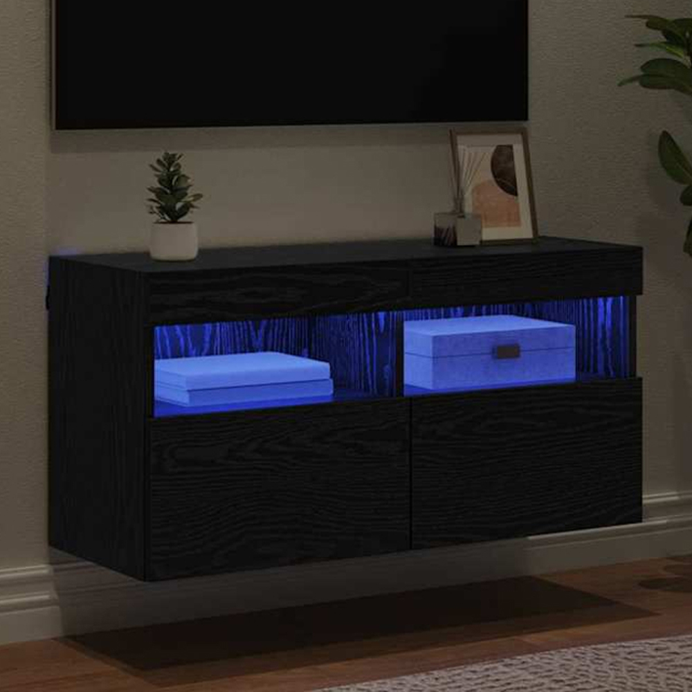 vidaXL 2 Door 2 Shelf Black Oak TV Cabinet with LED Lights Image 1