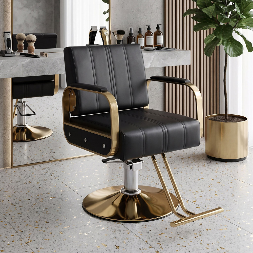Living and Home Black and Gold Adjustable Height Barber Chair with Hydraulic Lift Image 8