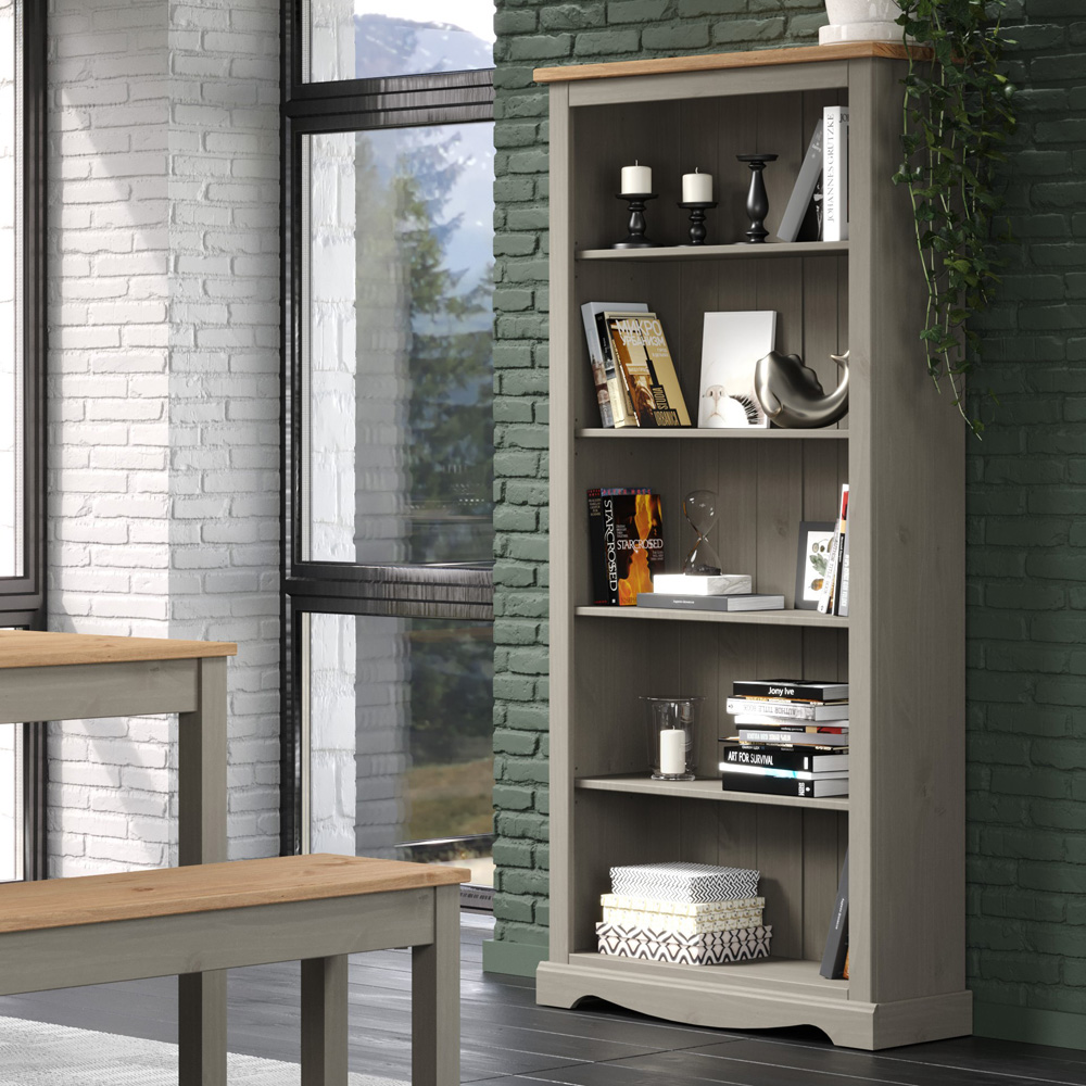 Corona 5 Shelf Grey Washed Wax Finish Tall Bookcase Image 4