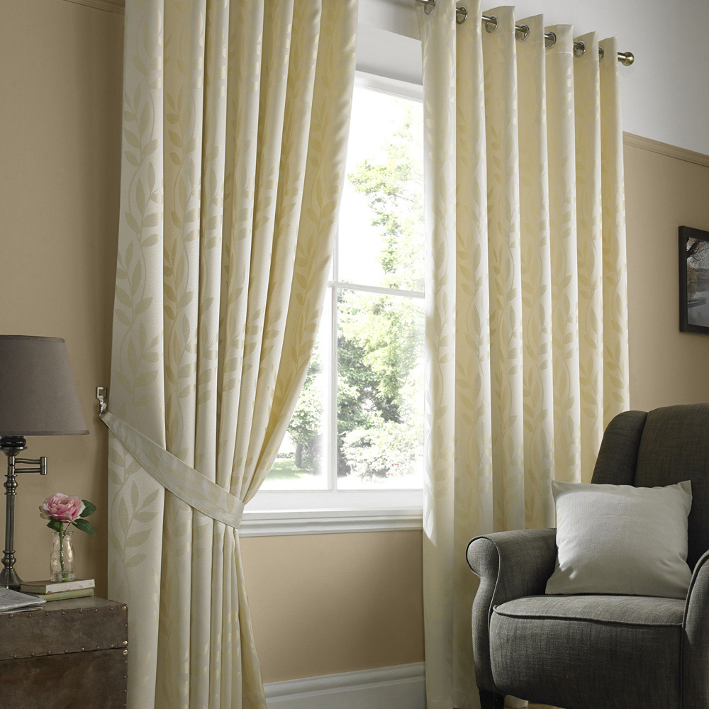 Alan Symonds Dupion Cream Leaf Jacquard Ring Top Eyelet Curtains 117 x 229cm Image 1