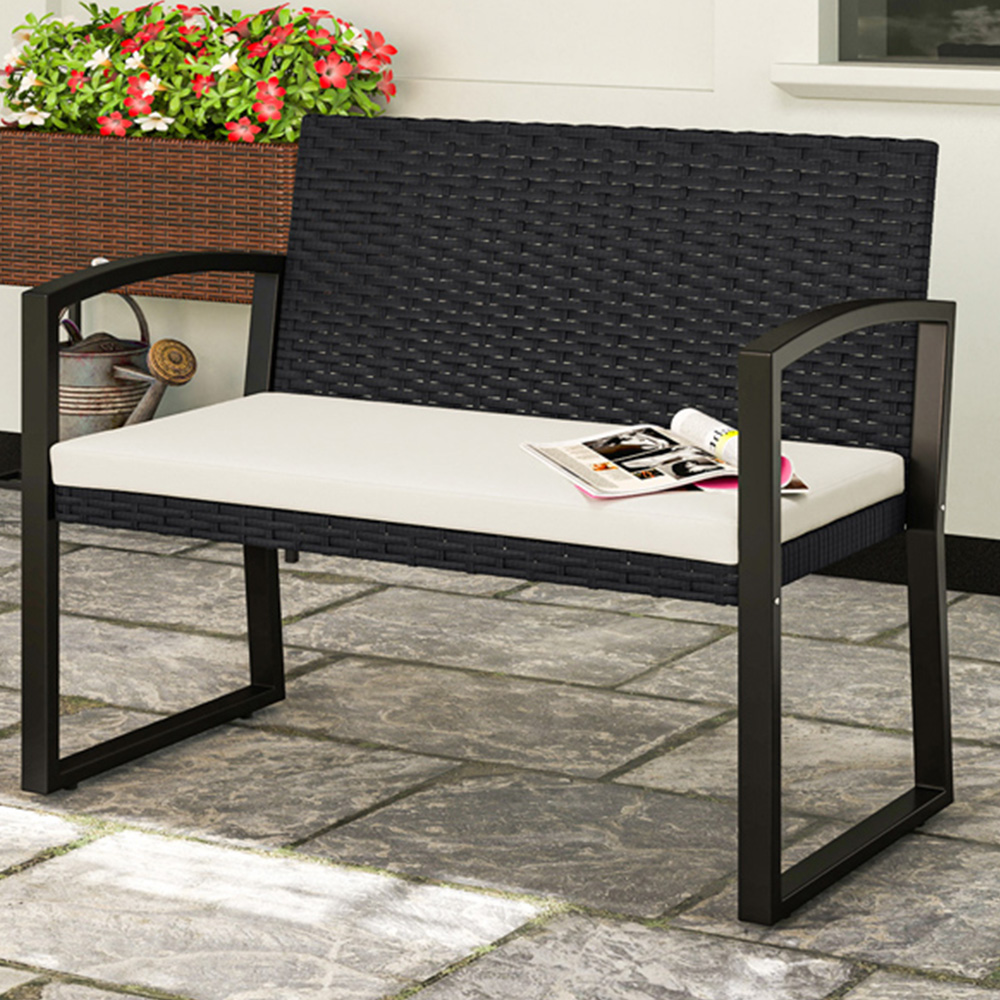 Outsunny 2 Seater Black Rattan Garden Bench with Cushion Image 1
