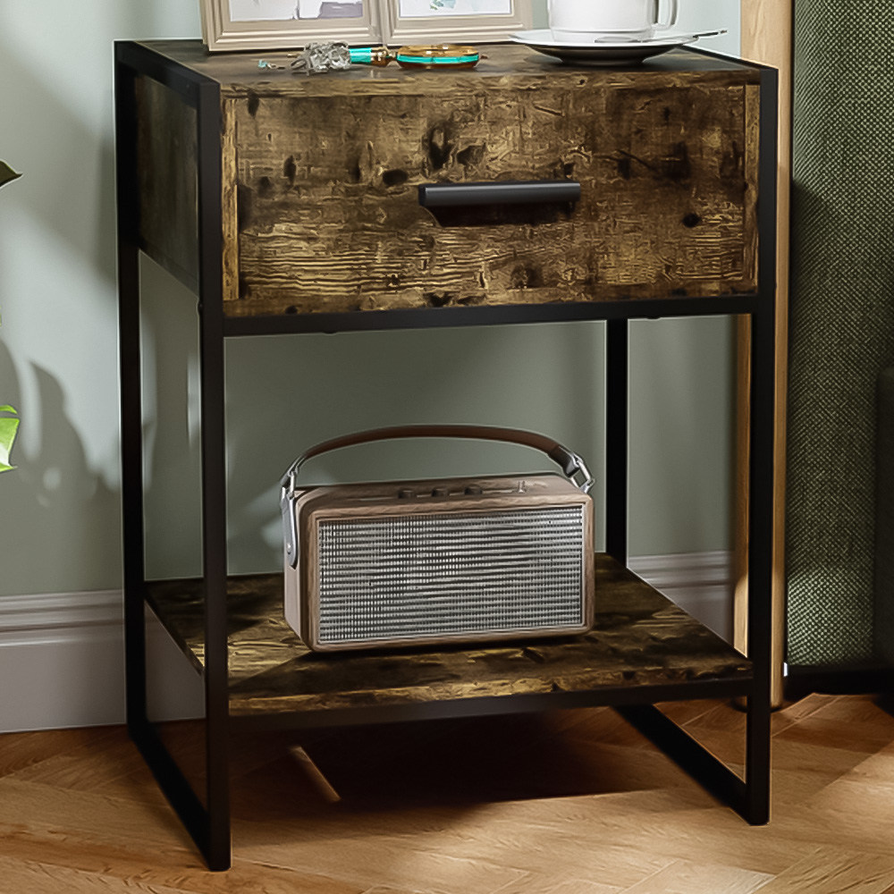 HOMCOM Single Drawer Single Shelf Rustic Brown Modern Bedside Table Image 1