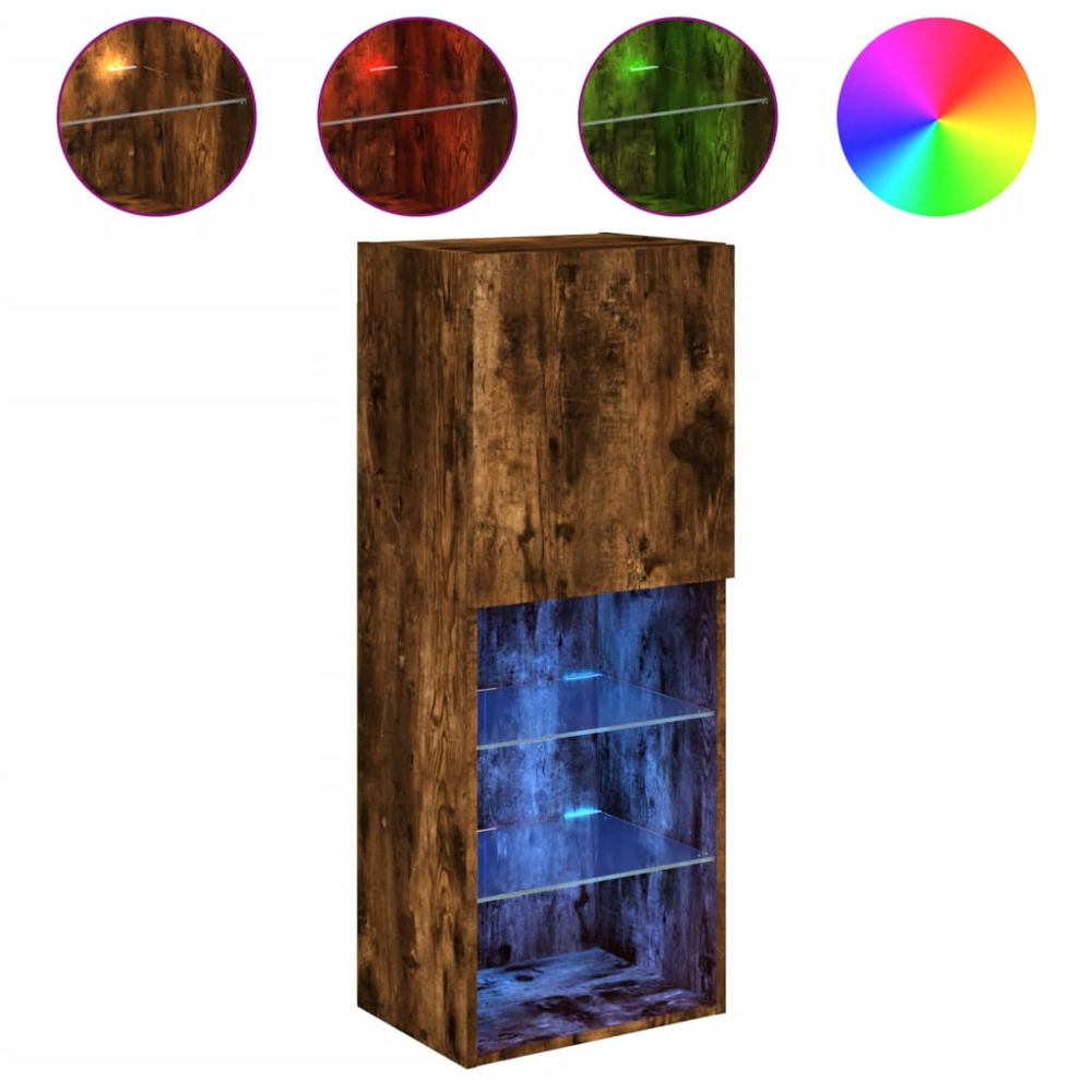 vidaXL Single Door 3 Shelf Smoked Oak Wall Mounted LED TV Cabinet Image 2