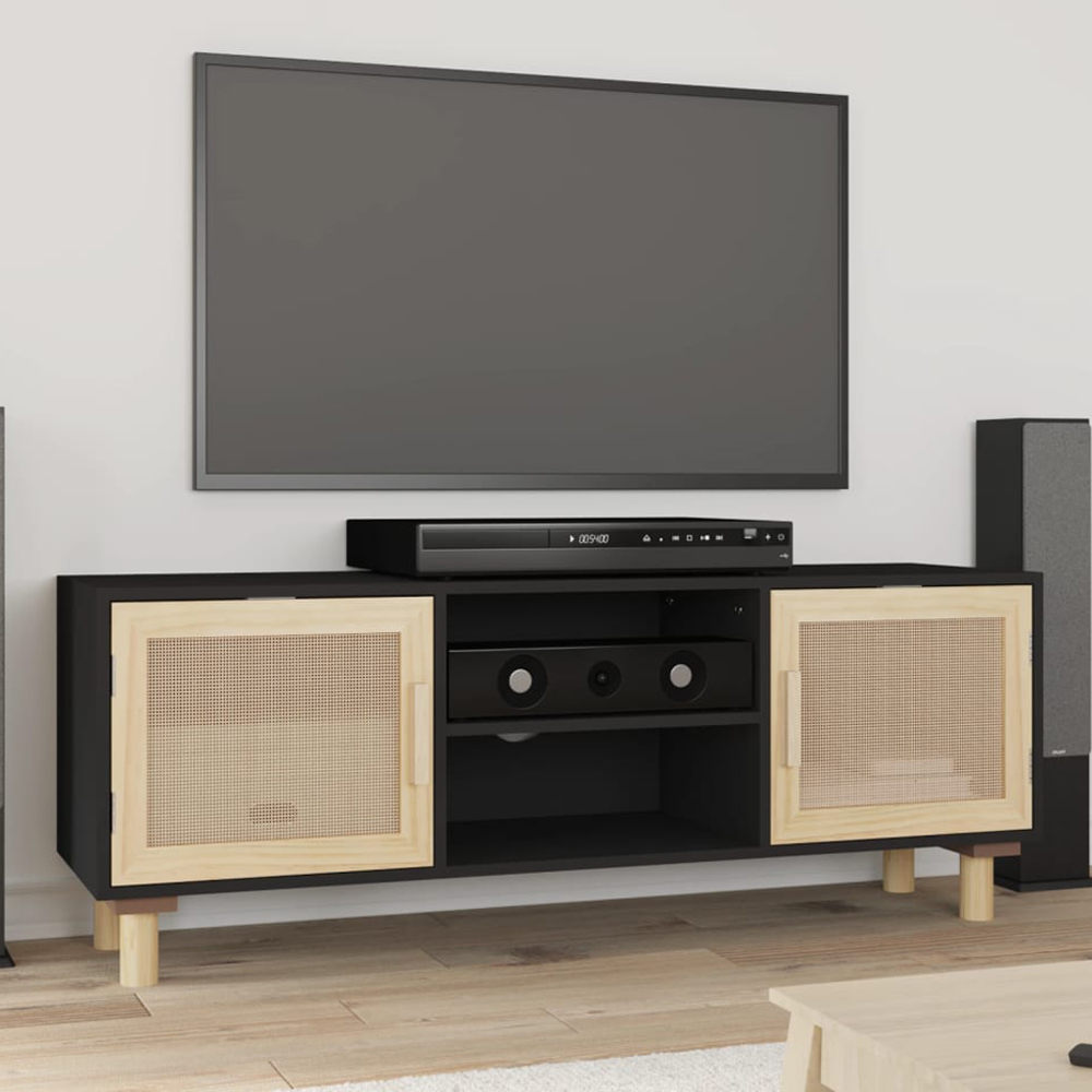 vidaXL 2 Door 2 Shelf Black Solid Pine and Natural Rattan TV Cabinet Image 1