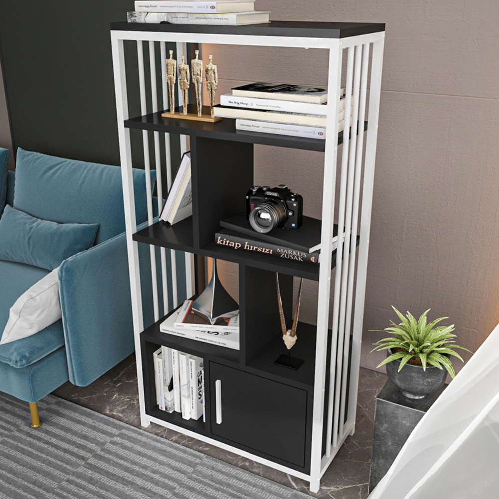 Decorotika Valero Single Door 7 Shelf White and Black Bookcase Image 1
