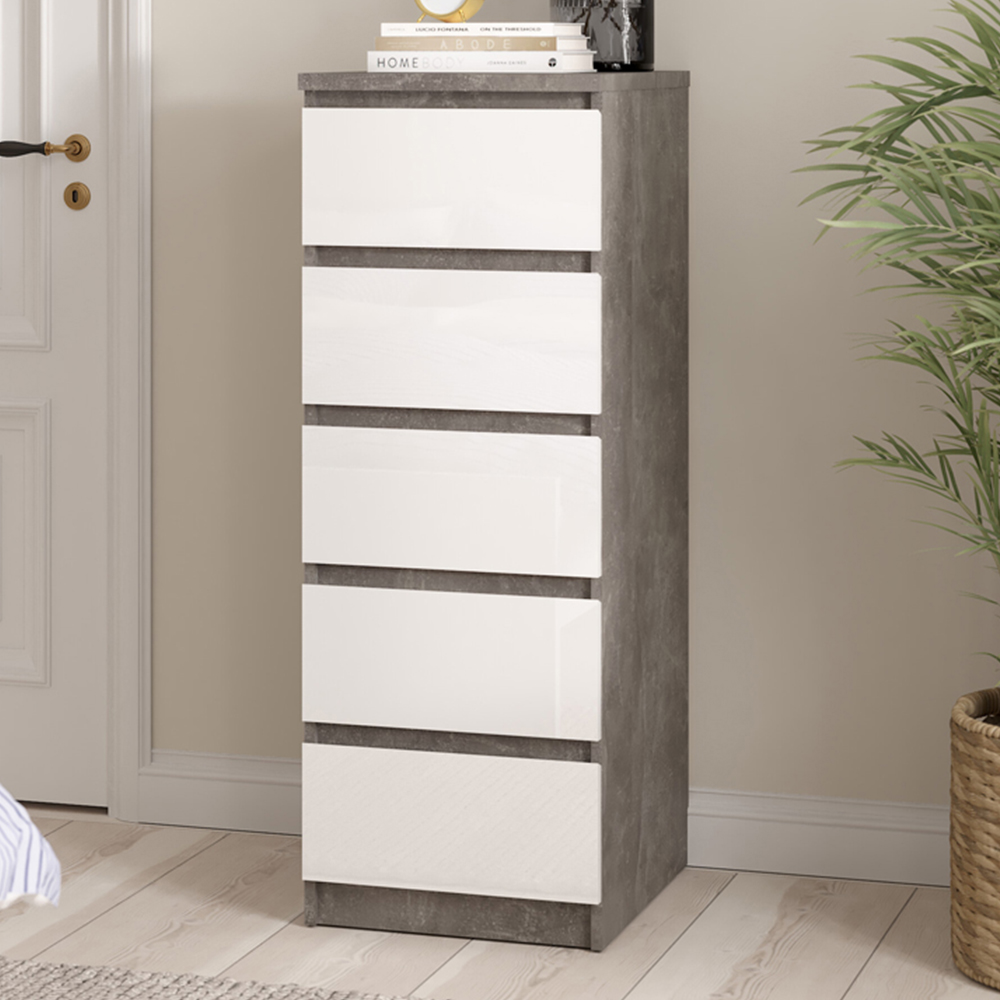 Florence 5 Drawer Concrete and White High Gloss Narrow Chest of Drawers Image 1