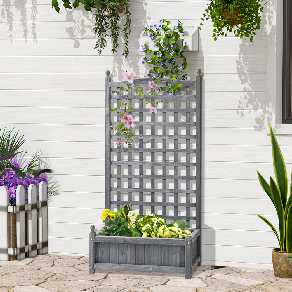 Outsunny Grey Wooden Raised Garden Bed Planter with Trellis 4 x 1 x 2ft Image 2