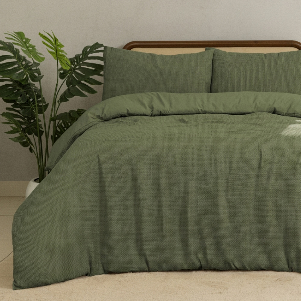 MHG Living Double Olive Green Chunky Waffle Duvet Cover Set Image 2