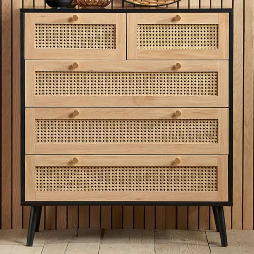 Croxley 5 Drawer Black and Oak Rattan Chest of Drawers Image 1