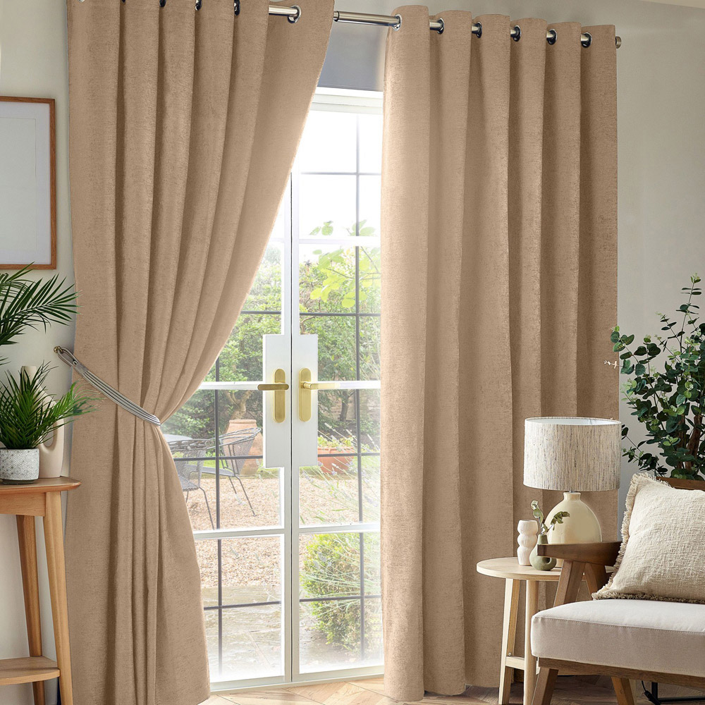 Alan Symonds Beige Chenille Blackout Ring Top Eyelet Curtains 117 x 137cm Image 1