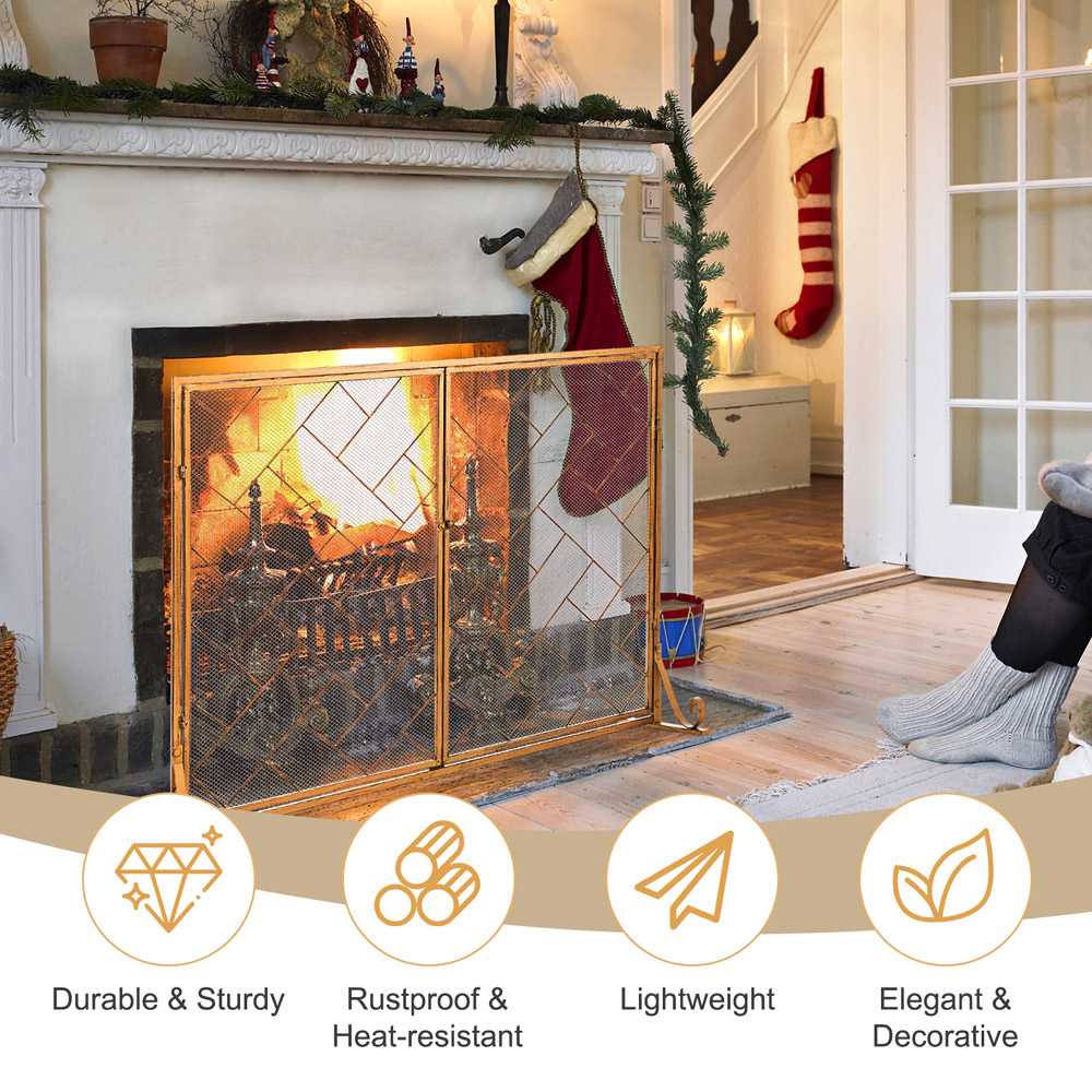 Costway 2 Panel Golden Double Magnetic Doors Mesh Fireplace Screen Image 4