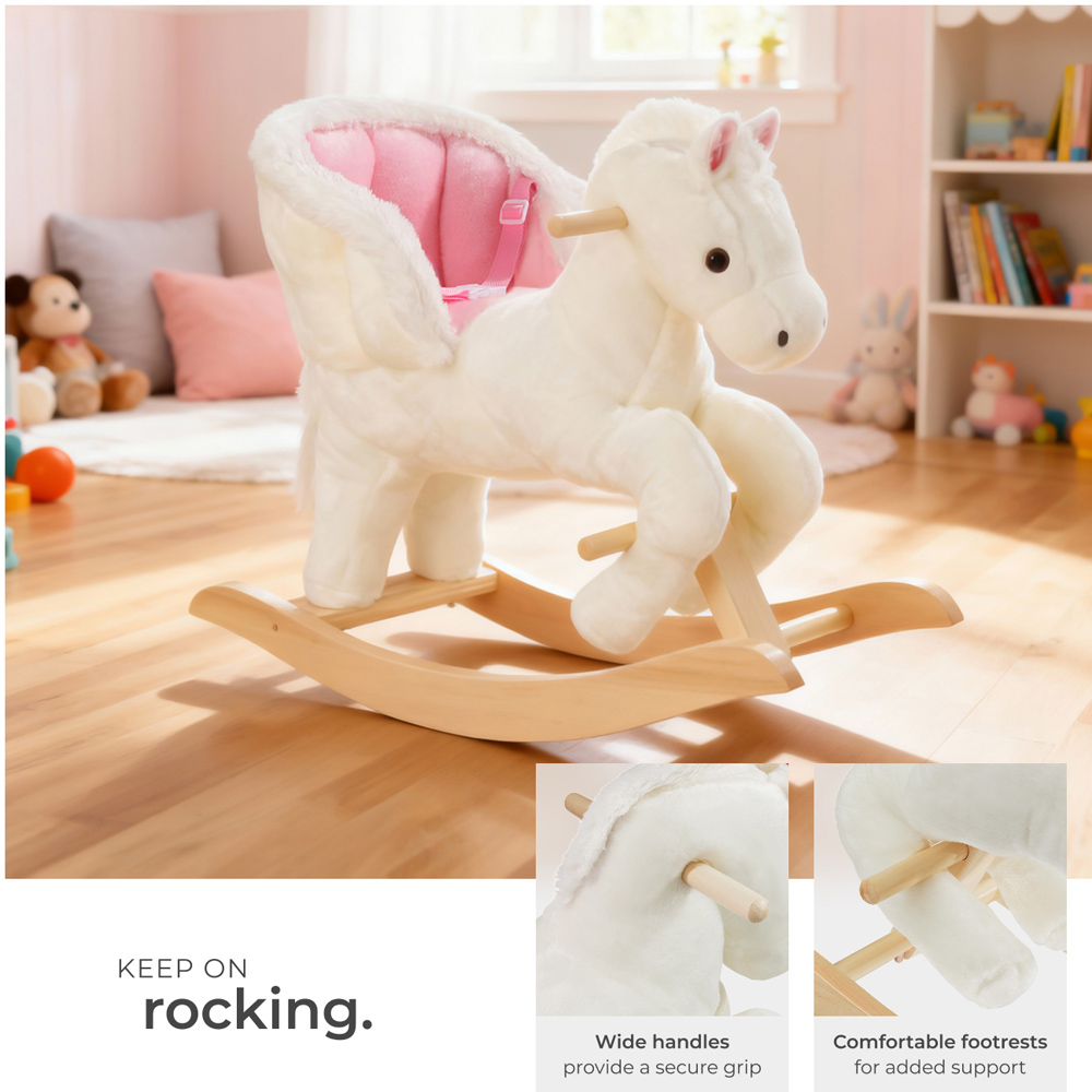 tectake Kids Pink and White Pegasus Plush Cover Wooden Rocking Horse Image 5