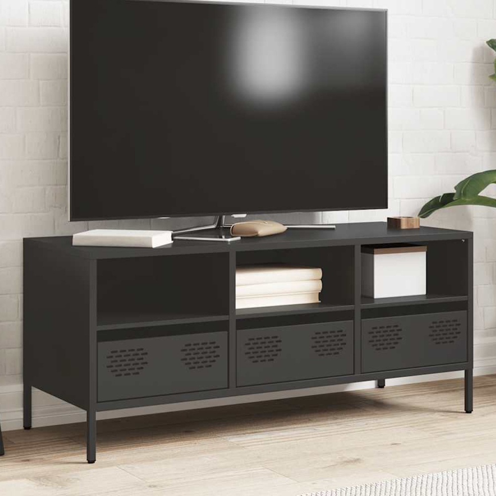 vidaXL 3 Drawer 3 Shelf Black Steel Industrial Style TV Cabinet Image 1
