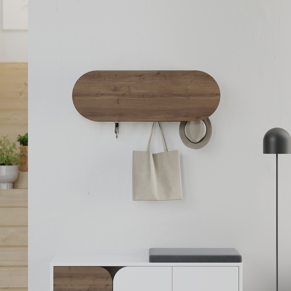 Decortie Kroma 6 Hook Single Door Dark Oak Modern Wall Mounted Coat Hanger with Storage Cabinet Image 4