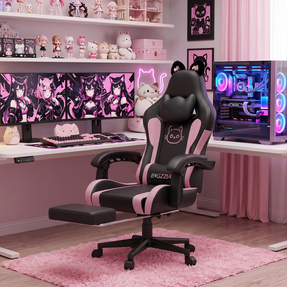 Rattrix Black Cat Ears Gaming Chair with Massage Lumbar Support and Footrest Image 7