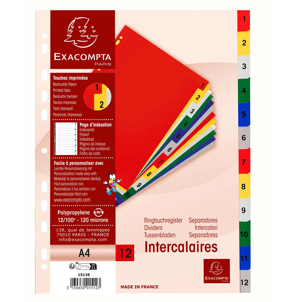 Exacompta A4 Bright Assorted Colour Polypropylene 1-12 Divider 20 Pack Image 6