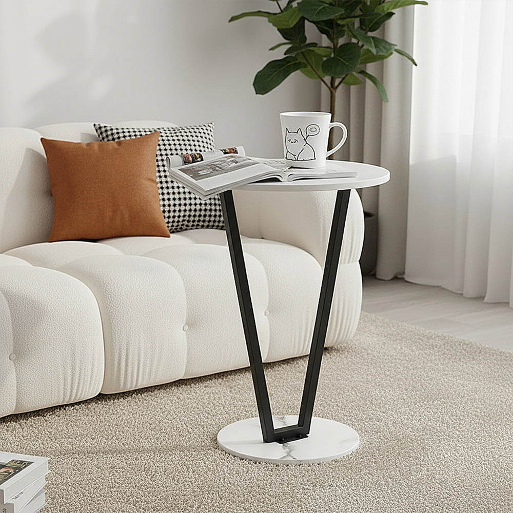 Living and Home White Marble Effect Round Side Table with Steel Frame Image 8