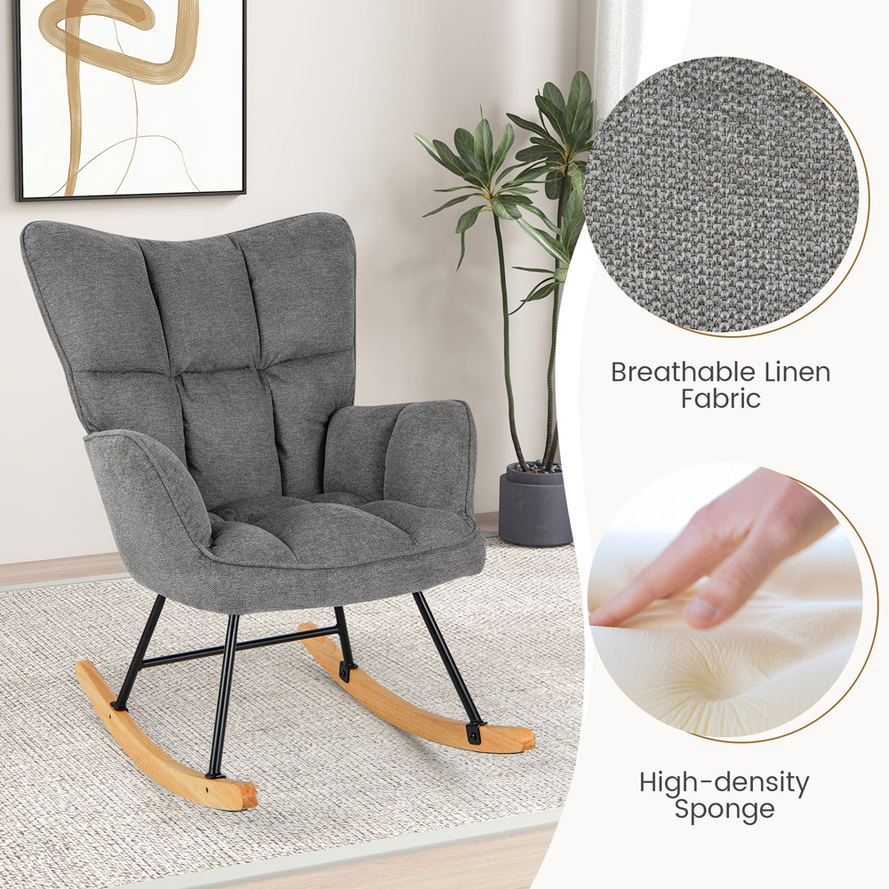 Costway Grey Linen High Backrest Nursery Rocking Chair Image 5