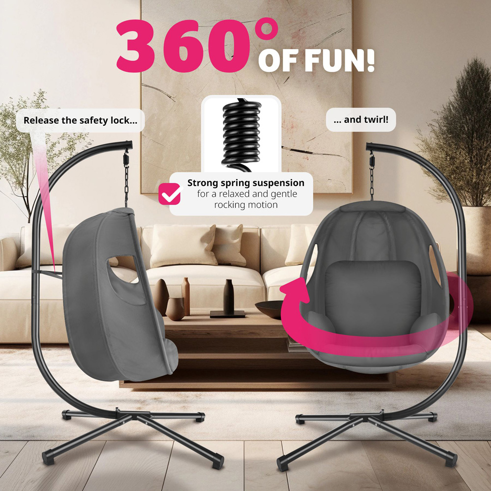 tectake Anika Anthracite Hanging Egg Chair with Extra Thick Seat Cushion Image 5