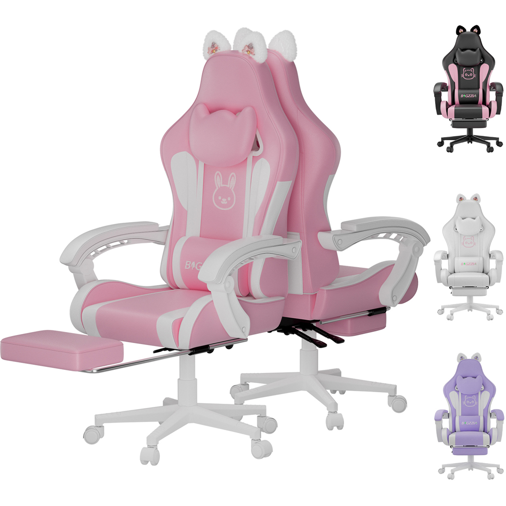 Rattrix Pink Cat Ears Gaming Chair with Massage Lumbar Support and Footrest Image 2