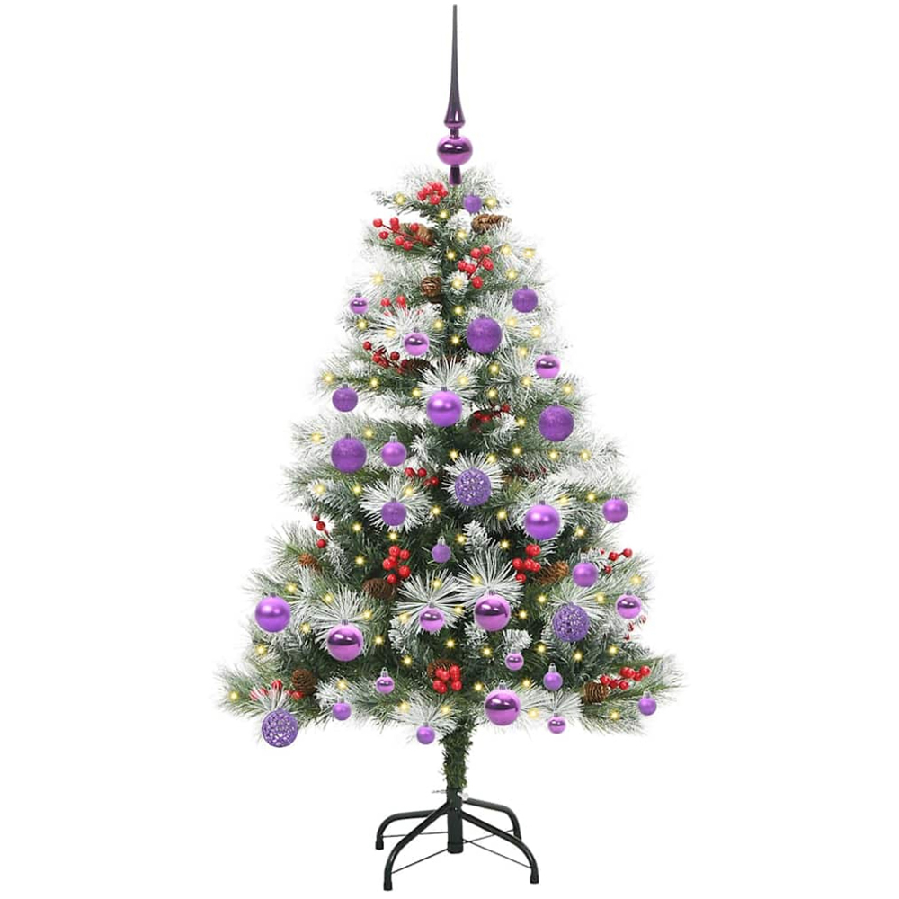 vidaXL Pre-Lit Lilac Baubles Green Artificial Snow Flocked Christmas Tree 4ft Image 1