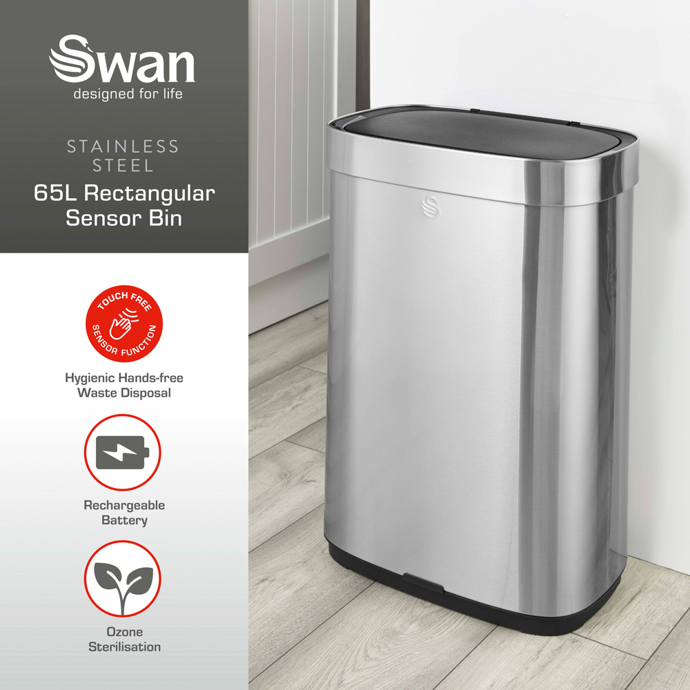 Swan Silver Stainless Steel Rectangular Sensor Bin 65L Image 3