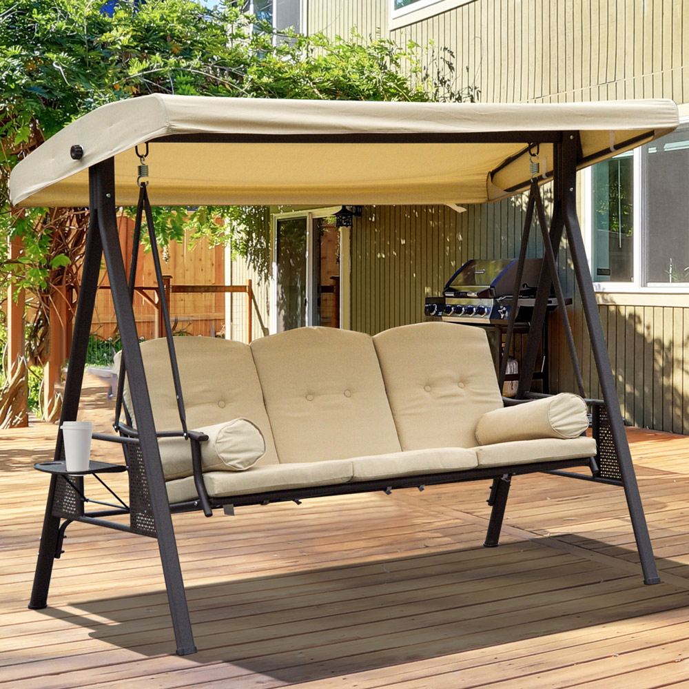Outsunny 3 Seater Beige Steel Swing Bench Image 1