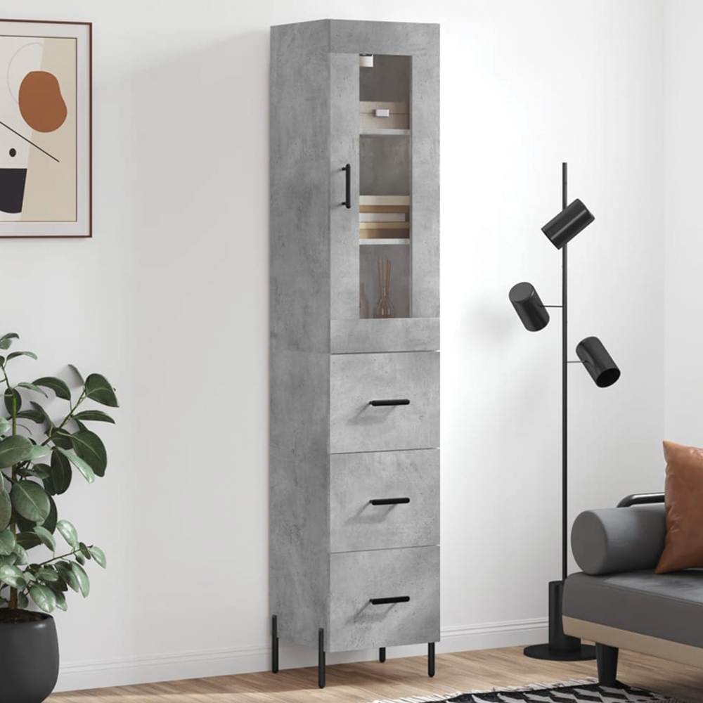 vidaXL Single Glass Door 3 Drawer Concrete Grey Highboard Image 1