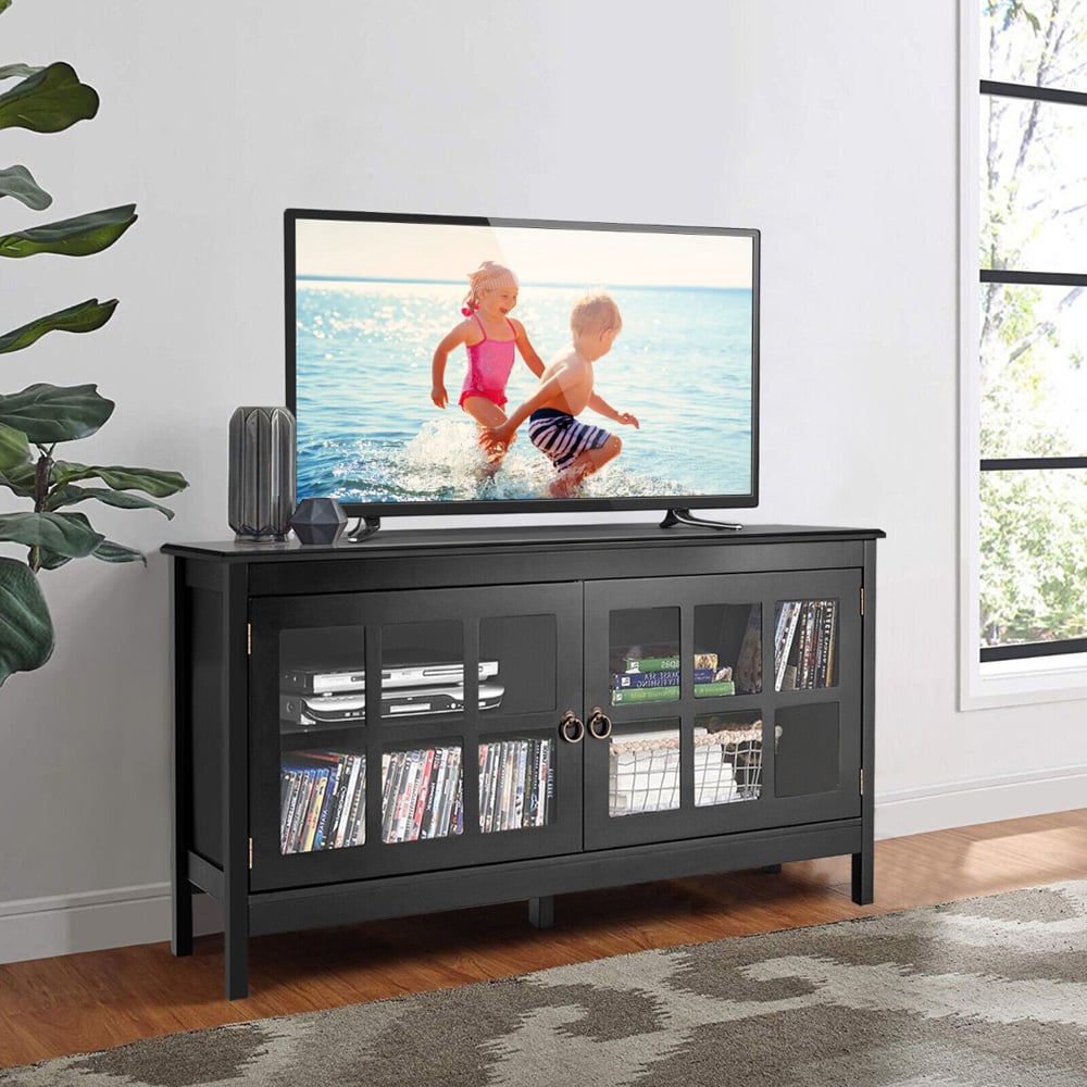 Costway 2 Glass Door Black Wooden TV Unit Image 3