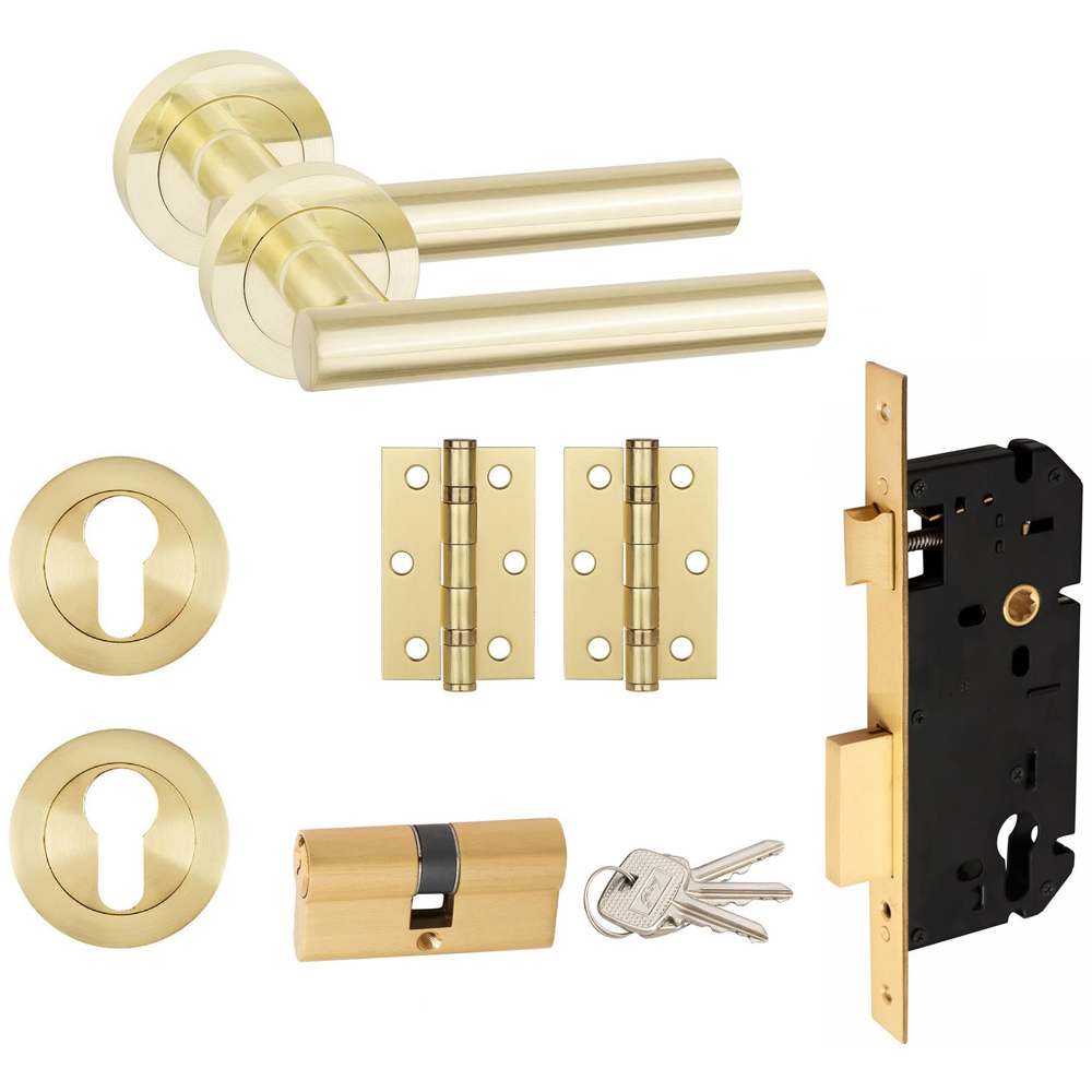 Golden Grace Satin Brass Straight T-Bar Door Handle Set Image 1