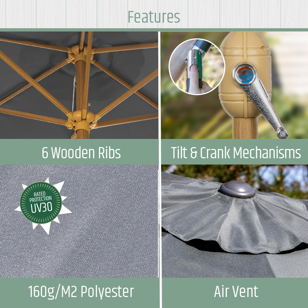 Gardenkraft Grey Crank and Tilt Wooden Parasol 2m Image 3