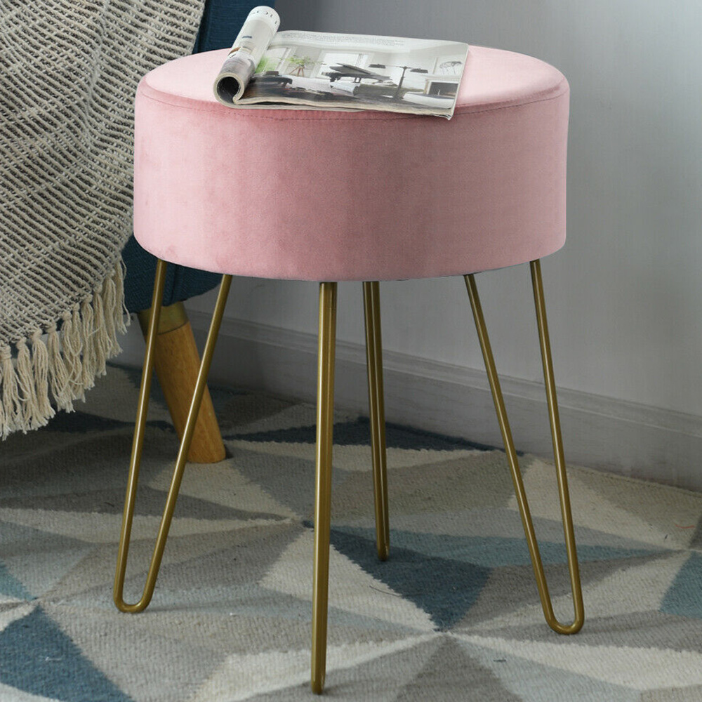Costway Pink Velvet Round Footstool Image 1