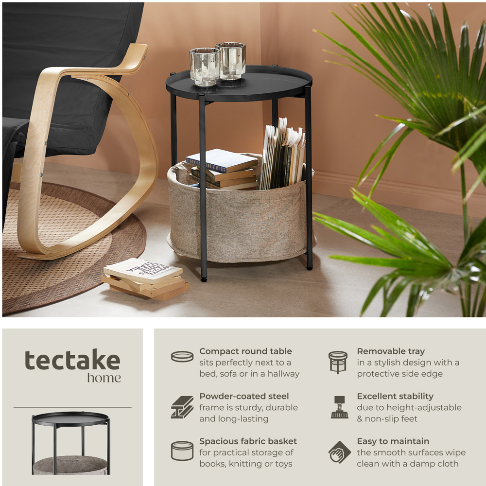 tectake Canterbury Black Round Bedside Table with Basket Image 3
