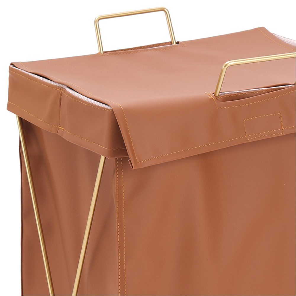 Living and Home Brown Metal Frame PU Leather Collapsible Laundry Basket with Lid Image 6
