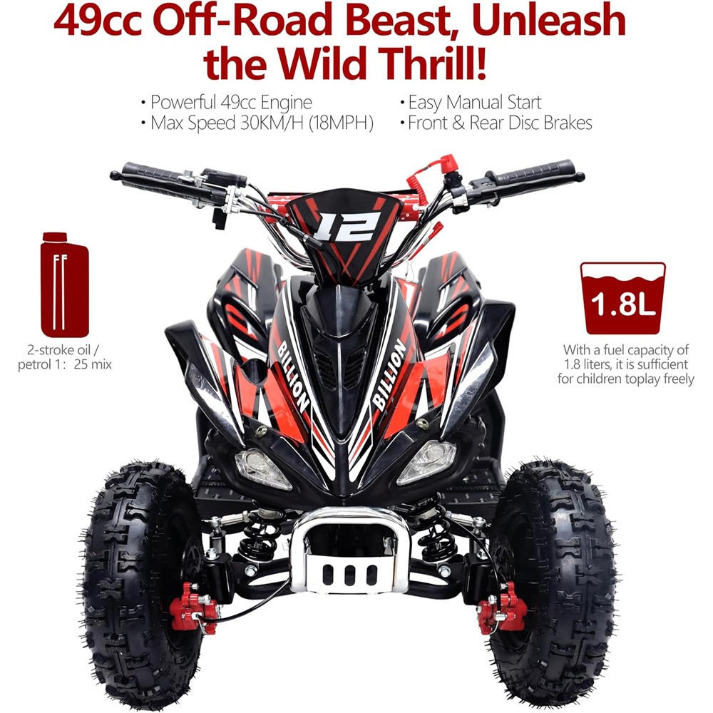 Alivio Kids Red 49cc 2-Stroke Engine Mini Petrol Quad Bike with Disc Brakes 1.8L Image 6