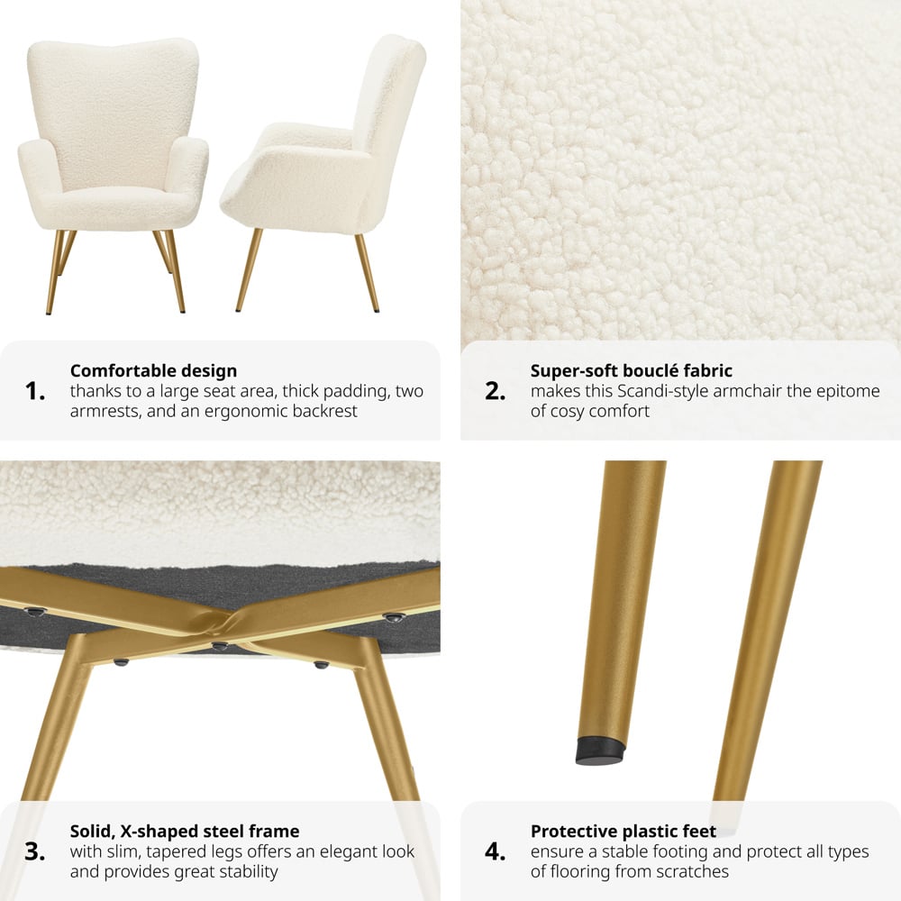 tectake Hygge Cream and Gold Boucle Padded Armchair Image 5