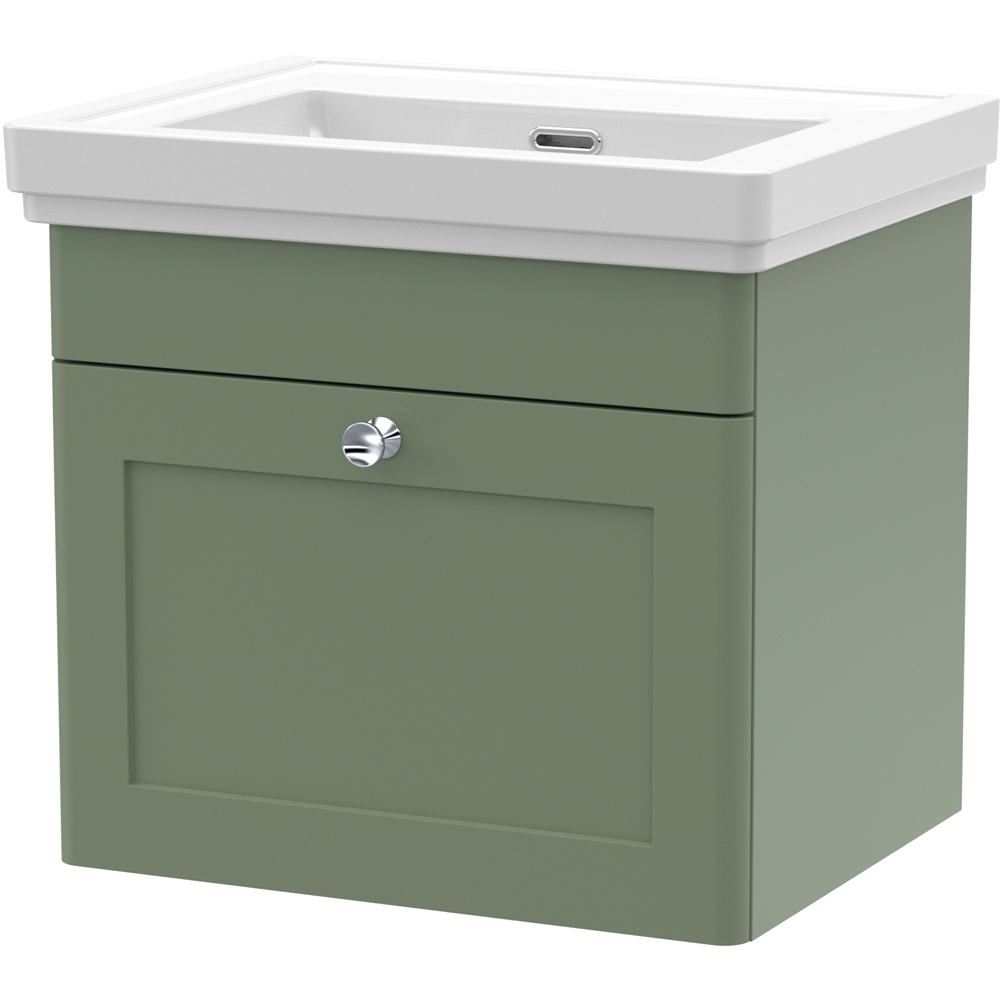 nuie Classique Single Drawer Satin Green Wall Hung Unit and 0 Tap Hole Fireclay Basin 500mm Image 1