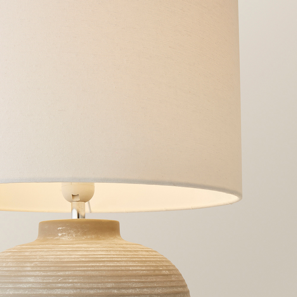 ValueLights Reid Linen Drum Lamp Shade Stone Grey Ribbed Ceramic Large LED Table Lamp Image 3