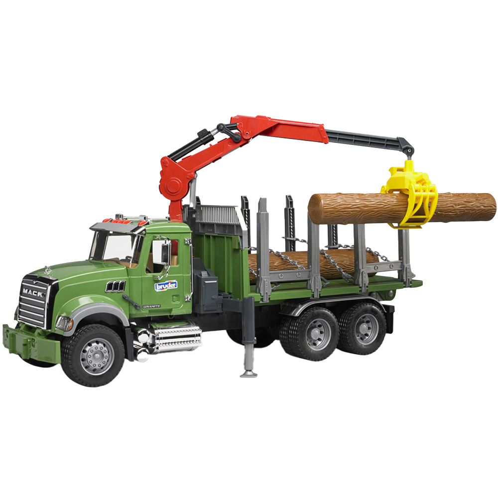 Bruder MACK Granite Timber Truck with Loading Crane Grab and 3 Trunks Image 1