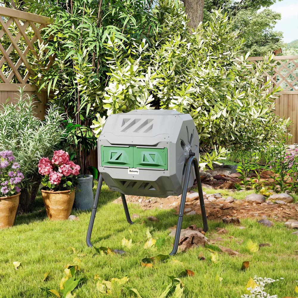 Outsunny 160L Grey 2 Chamber Steel Tumbling Garden Compost Bin Image 4