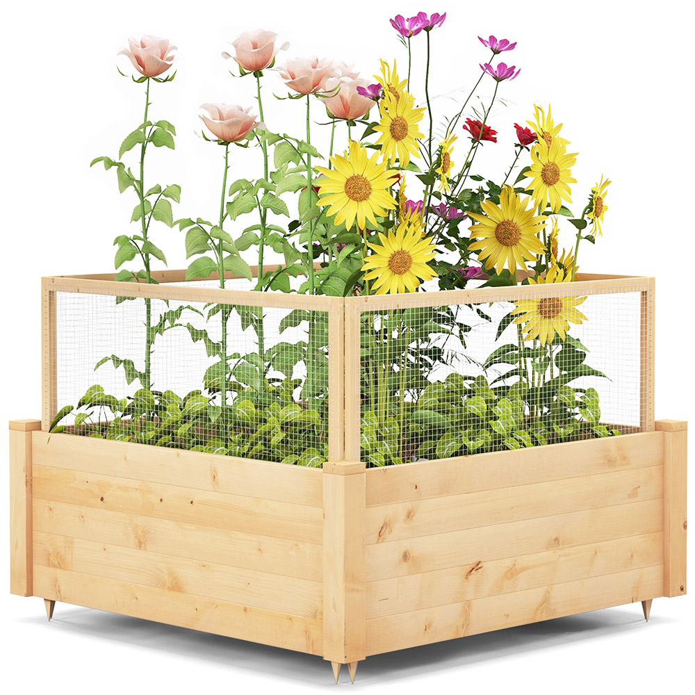 Costway Wooden Raised Garden Bed with Critter Guard Fence 95cm Image 3