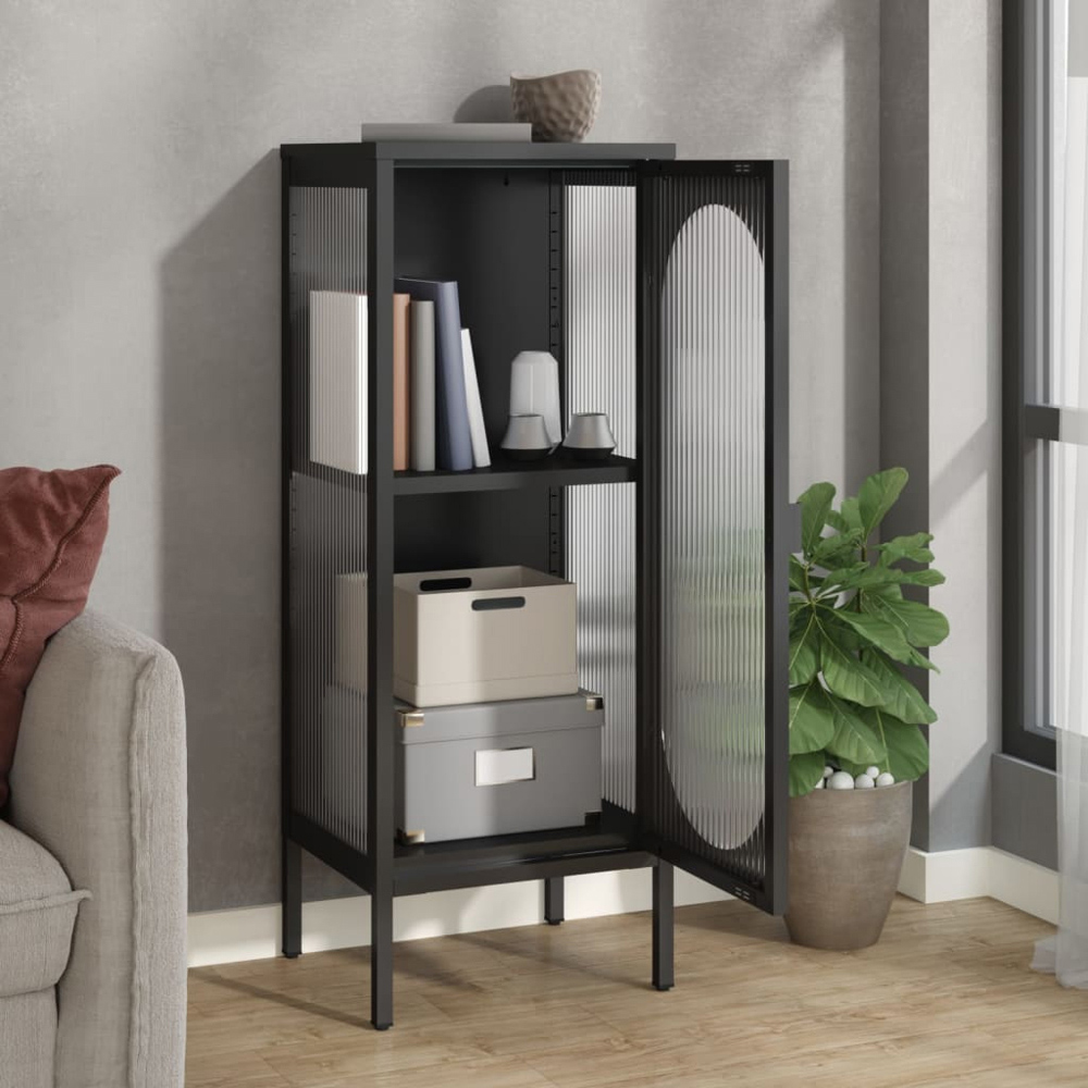 vidaXL Single Glass Door Black Steel Fluted Sideboard Image 9