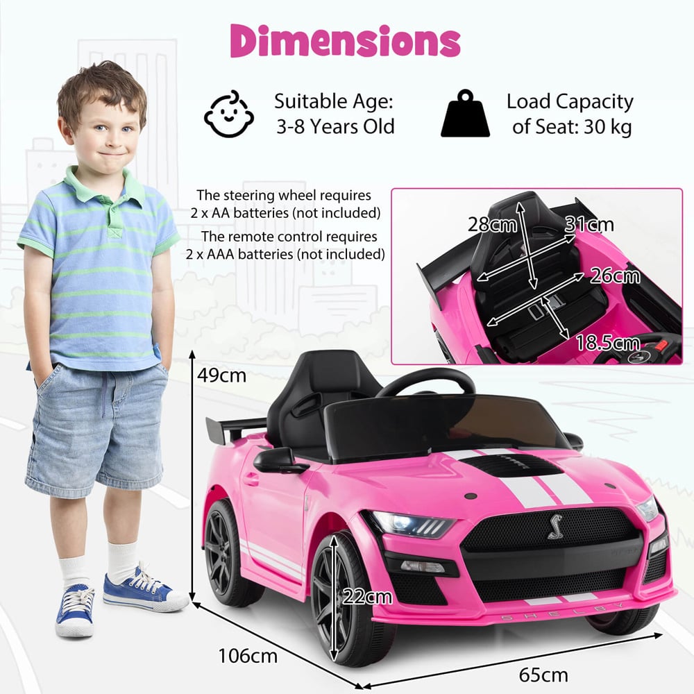 Costway Kids Pink Licensed Ford Mustang Shelby GT500 Electric Ride On Car 12V Image 8