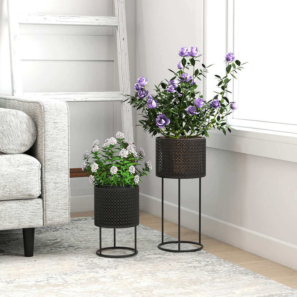 Outsunny Black Metal Plant Pot Set of 2 Image 5